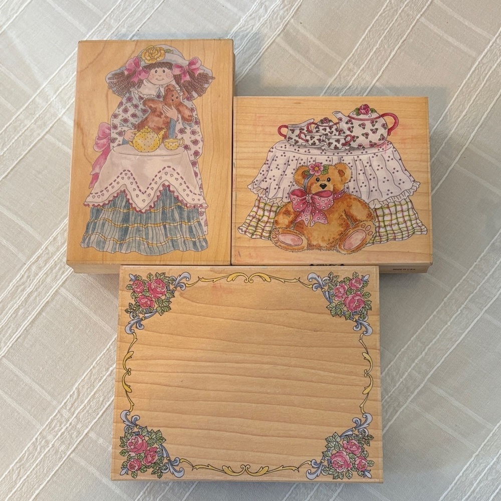 Decorative Wooden Stamps with Teddy Bear and Floral Designs
